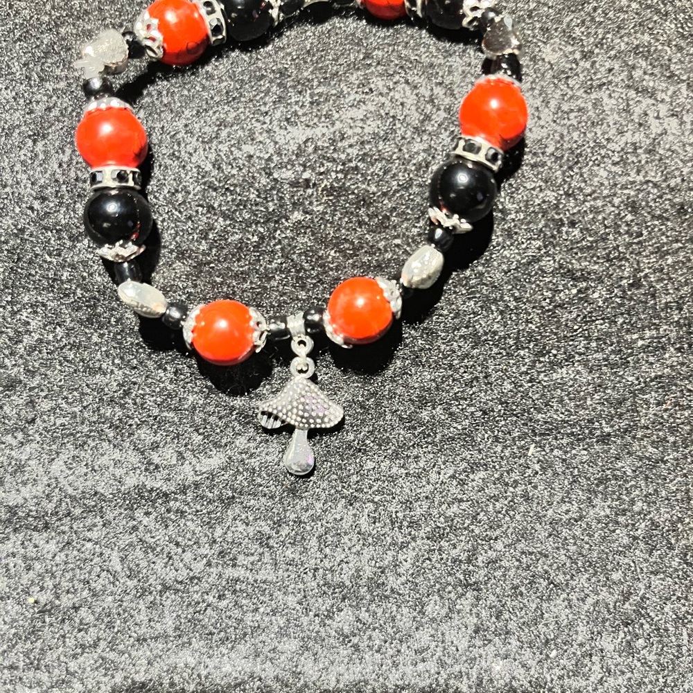 Red and black glass beads heart spacer mushroom charm
